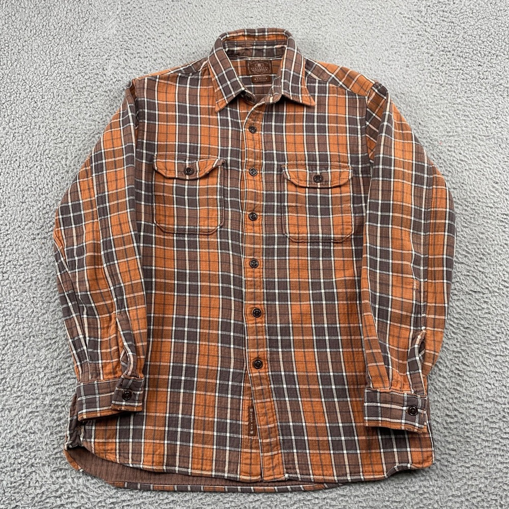 Lucky Brand Flannel Shirt Mens Medium Orange Plaid Dungarees America Cotton L/S